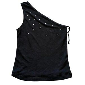 Vintage Cue Black one shoulder top with rhinestone details semi sheer #glam size